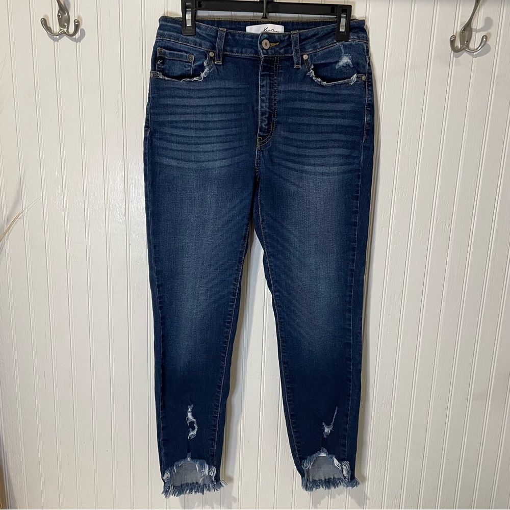 Kancan Womens Jeans sz 9/28 Blue Skinny Leg Raw Hem Denim‎ Dark Wash Distressed